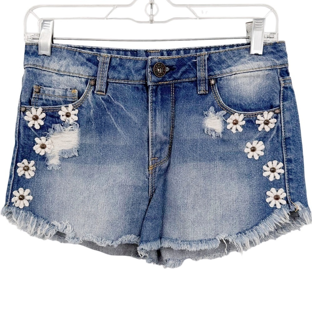 Tinseltown Denim Shorts Spike Studded Embroidered Flower Distressed Raw Hem Sz 4